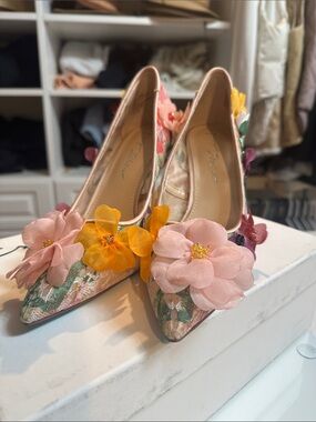 Betsey Johnson Darcy Floral Appliqué Pink and Yellow Pointed-Toe Heels